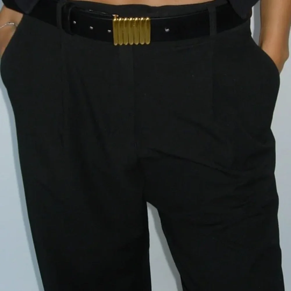 Black Leather Belt with Gold Accent Buckle